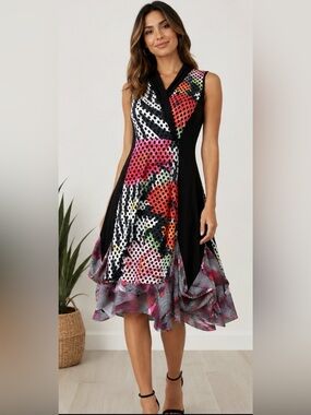 Tango Mango Art to Wear Sleeveless Mix Media Dress Asymmetrical Hem Boho Size SP